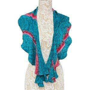 Krishka Hand-Dyed Ruffle Silk Scarf, Artisan Vibrant Teal and Pink Skinny Scarf